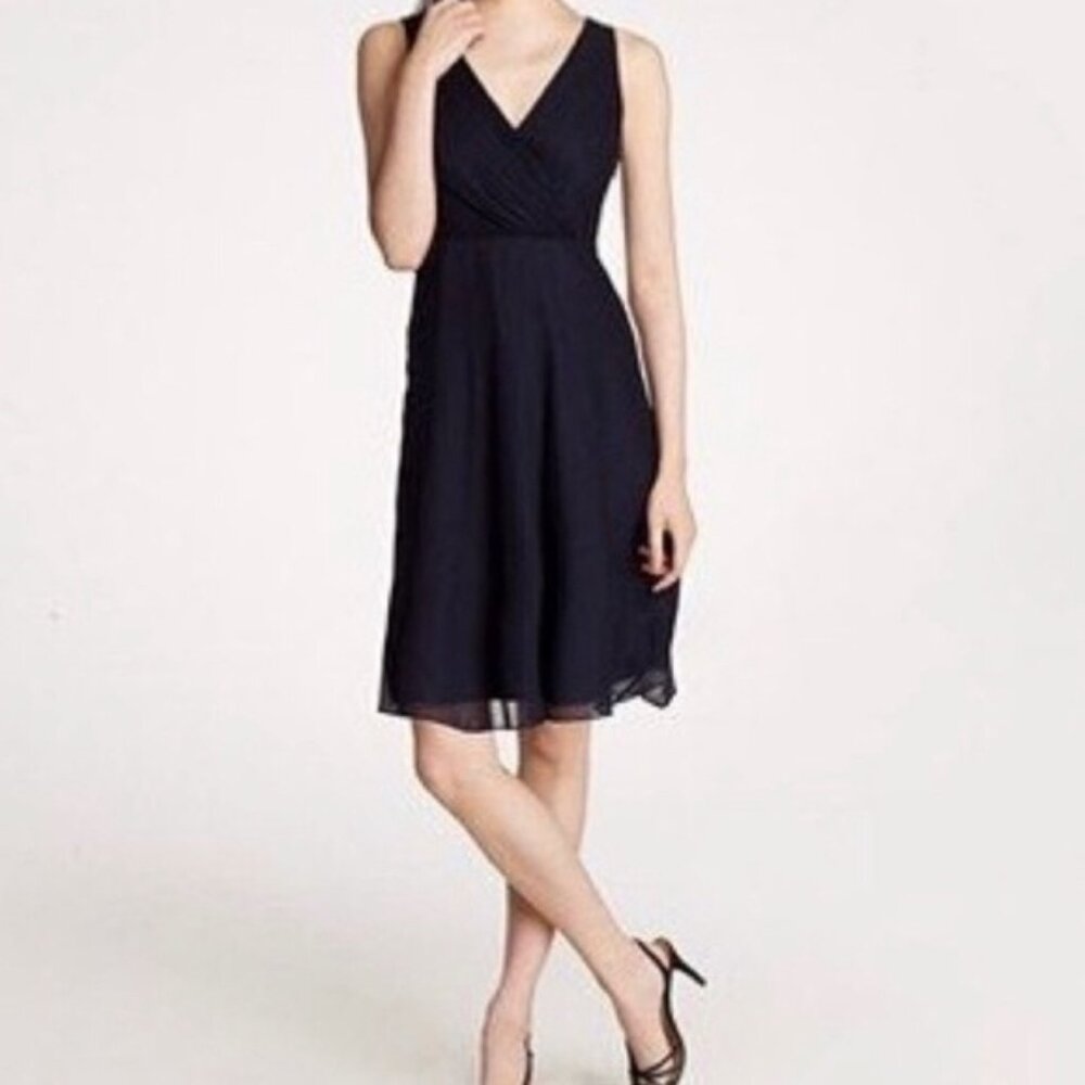 J. Crew Evie Black V-Neck Midi Dress in Silk Chiffon